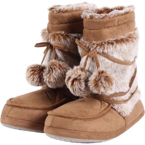 Fluffy Slippers for Women Cute Warm Indoor Bootie Slippers with Pompoms Non-slip House Home Boots