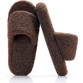 Parlovable Fuzzy Slippers for Women Open Toe Curly Fur Fluffy House Shoes Memory Foam Thick Sole Non-Slip Slides Cozy Sandals Indoor Outdoor