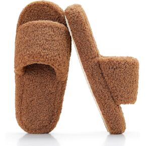 Parlovable Fuzzy Slippers for Women Open Toe Curly Fur Fluffy House Shoes Memory Foam Thick Sole Non-Slip Slides Cozy Sandals Indoor Outdoor