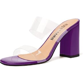 JUSTDANNI Womens Dress Clear Slip On Round Toe Stylish Evening Patent Block High Heel Heeled Sandals 3.3 Inch