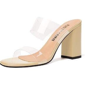 JUSTDANNI Womens Dress Clear Slip On Round Toe Stylish Evening Patent Block High Heel Heeled Sandals 3.3 Inch