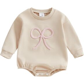 Newborn Infant Baby Girl Fall Clothes Bow Emboridery Sweatshirt Bubble Romper Oversized Long Sleeve One-Piece Outfit