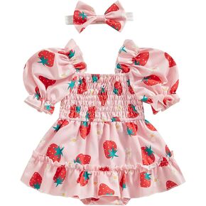 Infant Baby Girls Floral Smocked Romper Bodysuit Puff Sleeve Dress Outfit Summer Clothes with Headband