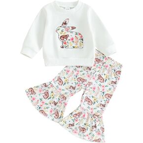 Kids Toddler Baby Girl Easter Outfits Long Sleeve Bunny Print Pullover Chick&Flower Flare Pants Spring Farm Clothes