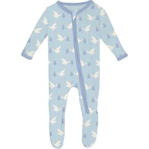 KicKee Welcome Home Footie with Zipper, Boy or Girl One-Piece, Super Soft Baby Clothes (Spring Sky Stork - 0-3 Months)