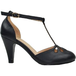 Chase & Chloe Women's Teardrop Cut Out T-Strap Mid Heel Dress Pumps