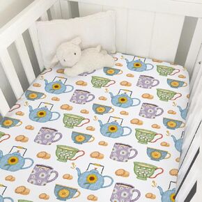 Tea Spring Floral Baby Crib Sheets 52''x28'' Teapot Cups Mugs Stretchy Fitted Crib Mattress Cover for Boy Girl Spring Soft Nursery Baby Bed Sheets for Standard Crib and Toddler Mattresses