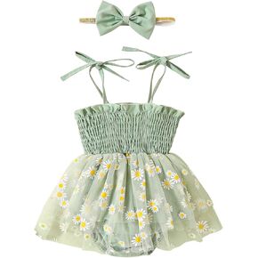 FYBITBO Newborn Baby Girl Summer Romper Dress Daisy Sleeveless Strap Rompers Tulle Bodysuit Jumpsuit with Headband Set