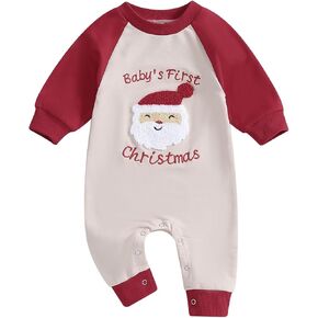 Baby Girl Boy Sweatshirt Romper Christmas Outfit Santa Embroidery Contrast Color Long Sleeve Toddler Fall Bodysuit