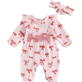 Newborn Baby Girl Fall Romper Puff Sleeve Floral Print Bowknot Ruffle Cotton Linen Jumpsuit with Headband 0 3 6 12 18 Months