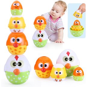 MOONTOY Toddler Chicken Nesting Stacking Eggs Toys, 8PCS Color Matching Game Shape Sorter STEM Fine Motor Skills Sensory Baby Bath Toys Montessori Educational Birthday Easter Gift 6 Months, 1 2 3 Year