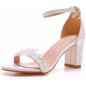 Dress First Wedding Shoes for Womens Heeled Sandals Open Toe Block Heel Ankle Strap Sandals Wedding Sandals Bridal Shoes Lace Elegant Simple Wedding Party Shoes, White, 2.76 Inch