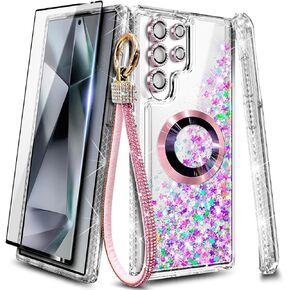 NGB Supremacy Designed for Samsung Galaxy S24 Ultra Magnetic Case for MagSafe, Tempered Glass Screen Protector/Camera Lens Protector/Wrist Strap Lanyard, Glitter Liquid Cute Case (Diamond)