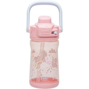 Zak Designs Kid Water Bottle for Travel or At Home, 12oz Plastic is Durable and Leak-Proof with Liquid Lock Spout, Cover, Carry Handle, Protective Base (Unicorn)