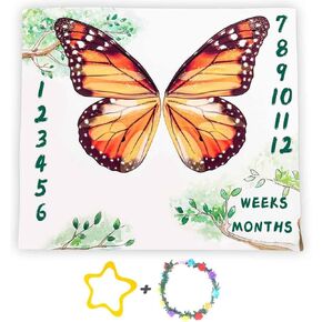 Butterfly Wings Baby Monthly Milestone Blanket Soft Flannel, Large 48x40in, Watercolor Plants Photography Backgrounds, Baby Shower Growth Tracker Blanket with Bonus DSFS104