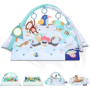 EzyWay Baby Gym Play Mat, 8-in-1 Tummy Time Mat & Ball Pit with 6 Toys, Washable Baby Activity Play Mat for Visual, Hearing, Sensory, Motor Development, Toddler Infant 0-3-6-9-12 Month Picnic Theme