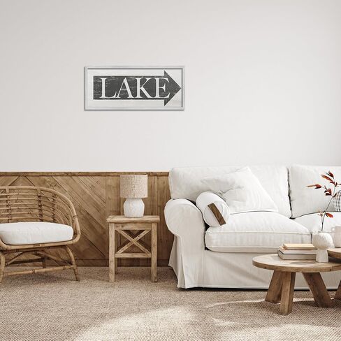Stupell Industries Lake Arrow Sign Grey and White Distressed, Design by Daphne Polselli Gray Framed Wall Art, 10x24 in Saudi Arabia