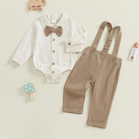 Newborn Infant Baby Boy Outfits Suit Bowtie Dress Romper+Suspender Overalls Pants Set Gentleman Wedding Clothes Formal in Saudi Arabia