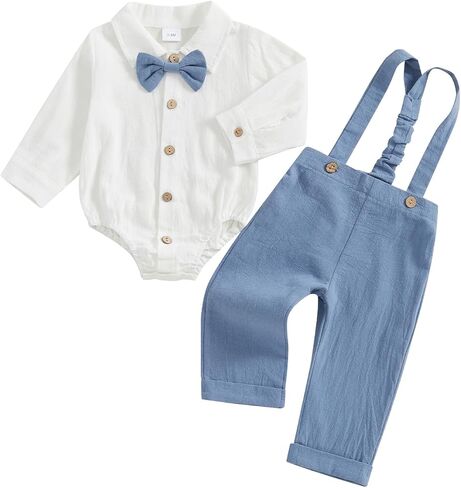 Newborn Infant Baby Boy Outfits Suit Bowtie Dress Romper+Suspender Overalls Pants Set Gentleman Wedding Clothes Formal in Kuwait