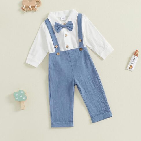 Newborn Infant Baby Boy Outfits Suit Bowtie Dress Romper+Suspender Overalls Pants Set Gentleman Wedding Clothes Formal in Kuwait
