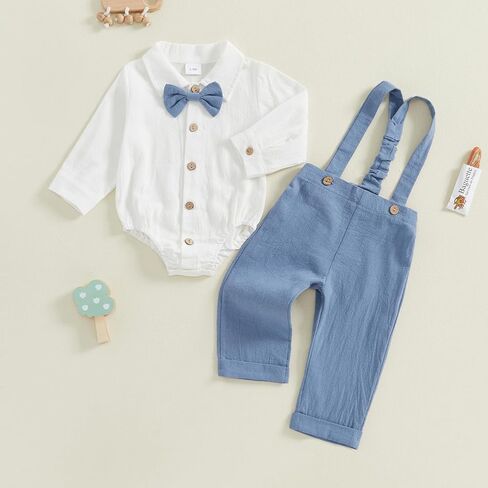 Newborn Infant Baby Boy Outfits Suit Bowtie Dress Romper+Suspender Overalls Pants Set Gentleman Wedding Clothes Formal in Kuwait