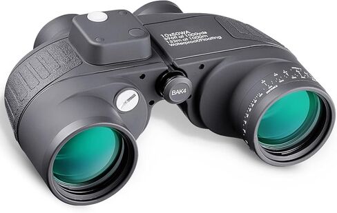 مناظير بحرية 10 × 50 للبالغين، مناظير مقاومة للماء مع بوصلة محدد المدى BAK4 Prism FMC مقاومة للضباب للملاحة والقوارب والصيد الرياضي - جميع الأعمار مع حزام تسخير أسود in Kuwait
