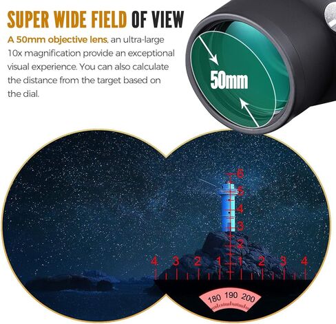 مناظير بحرية 10 × 50 للبالغين، مناظير مقاومة للماء مع بوصلة محدد المدى BAK4 Prism FMC مقاومة للضباب للملاحة والقوارب والصيد الرياضي - جميع الأعمار مع حزام تسخير أسود in Kuwait