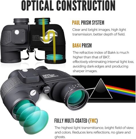مناظير بحرية 10 × 50 للبالغين، مناظير مقاومة للماء مع بوصلة محدد المدى BAK4 Prism FMC مقاومة للضباب للملاحة والقوارب والصيد الرياضي - جميع الأعمار مع حزام تسخير أسود in Kuwait