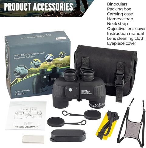 مناظير بحرية 10 × 50 للبالغين، مناظير مقاومة للماء مع بوصلة محدد المدى BAK4 Prism FMC مقاومة للضباب للملاحة والقوارب والصيد الرياضي - جميع الأعمار مع حزام تسخير أسود in Kuwait