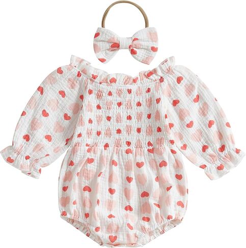 Lamuusaa Newborn Baby Girl Clothes Cotton Linen Heart Romper Smocked Bodysuit Shirts Headband Valentines Day Outfit in Saudi Arabia