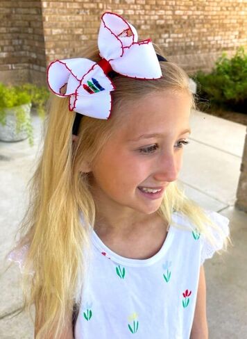 قوس شعر Wee Ones Girls Grosgrain مع حافة Moonstitch حمراء وتطريز قلم تلوين على مشبك WeeStay مع لف عادي، King، أقلام تلوين حمراء in Saudi Arabia