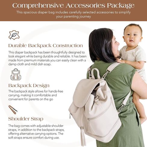 Citi Collective Journey Pearl Vegan Leather Diaper Bag Backpack | Elegant, Multifunctional, Travel Diaper Bag with Changing Pad, Stroller Straps & Insulated Bottle Pockets. in Saudi Arabia