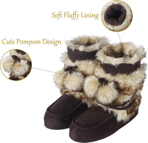 Fluffy Slippers for Women Cute Warm Indoor Bootie Slippers with Pompoms Non-slip House Home Boots in Saudi Arabia