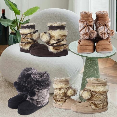 Fluffy Slippers for Women Cute Warm Indoor Bootie Slippers with Pompoms Non-slip House Home Boots in Saudi Arabia