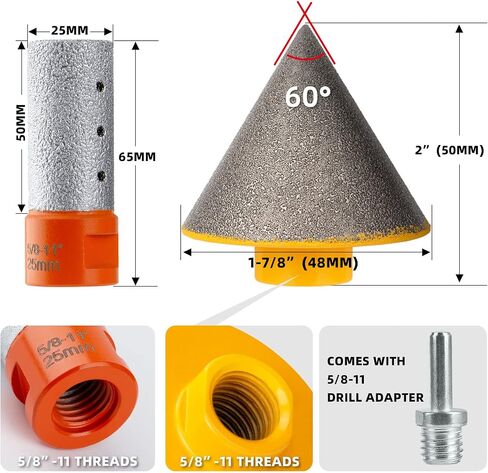 Diamond Beveling Chamfer Bits Diamond Countersink Drill Bit for Existing Holes Enlarging Shaping Trimming in Tile Marble Glass Granite Ceramic 1-7/8"(48mm) Dia with 5/8-11" Thread Adapter in Kuwait