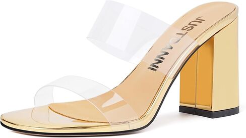 JUSTDANNI Womens Dress Clear Slip On Round Toe Stylish Evening Patent Block High Heel Heeled Sandals 3.3 Inch in Saudi Arabia