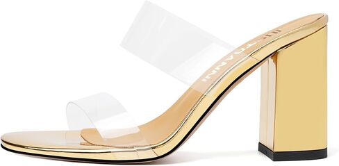JUSTDANNI Womens Dress Clear Slip On Round Toe Stylish Evening Patent Block High Heel Heeled Sandals 3.3 Inch in Saudi Arabia