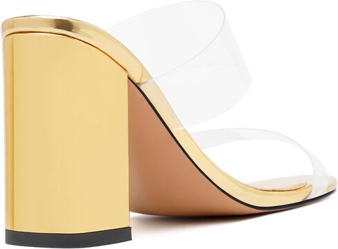 JUSTDANNI Womens Dress Clear Slip On Round Toe Stylish Evening Patent Block High Heel Heeled Sandals 3.3 Inch in Saudi Arabia