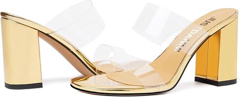 JUSTDANNI Womens Dress Clear Slip On Round Toe Stylish Evening Patent Block High Heel Heeled Sandals 3.3 Inch in Saudi Arabia