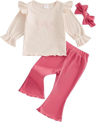 Toddler Baby Girl Fall Winter Clothes Ribbed Ruffle Long Sleeve Shirt + Flared Pants Outfits Set in Saudi Arabia