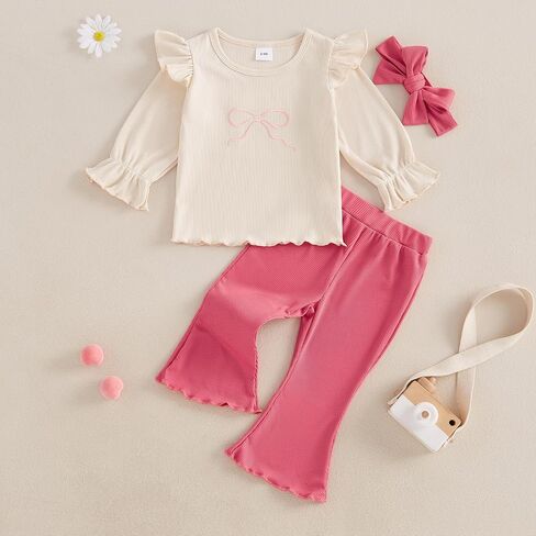 Toddler Baby Girl Fall Winter Clothes Ribbed Ruffle Long Sleeve Shirt + Flared Pants Outfits Set in Saudi Arabia
