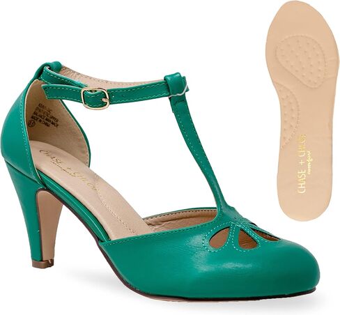 Chase & Chloe Women's Teardrop Cut Out T-Strap Mid Heel Dress Pumps in Saudi Arabia