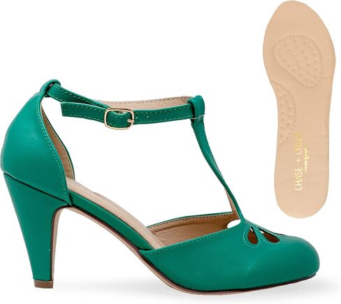 Chase & Chloe Women's Teardrop Cut Out T-Strap Mid Heel Dress Pumps in Saudi Arabia