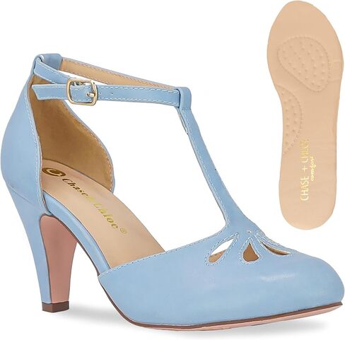 Chase & Chloe Women's Teardrop Cut Out T-Strap Mid Heel Dress Pumps in Saudi Arabia