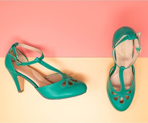 Chase & Chloe Women's Teardrop Cut Out T-Strap Mid Heel Dress Pumps in Saudi Arabia