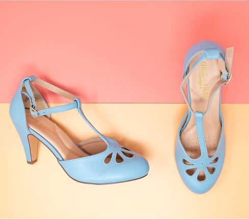 Chase & Chloe Women's Teardrop Cut Out T-Strap Mid Heel Dress Pumps in Saudi Arabia