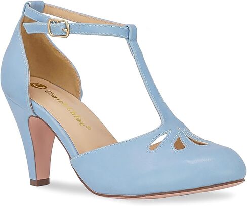 Chase & Chloe Women's Teardrop Cut Out T-Strap Mid Heel Dress Pumps in Saudi Arabia