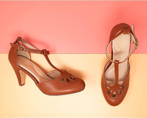 Chase & Chloe Women's Teardrop Cut Out T-Strap Mid Heel Dress Pumps in Kuwait