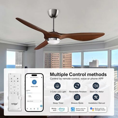 reiga 52 Inch ETL Listed High CFM Quiet DC Motor Smart Ceiling Fans with Lights Remote Control, Indoor 3 Blade Modern Ceiling Fan for Living Room Bedroom Farmhouse in Saudi Arabia