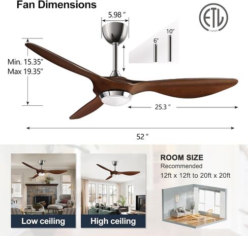 reiga 52 Inch ETL Listed High CFM Quiet DC Motor Smart Ceiling Fans with Lights Remote Control, Indoor 3 Blade Modern Ceiling Fan for Living Room Bedroom Farmhouse in Saudi Arabia